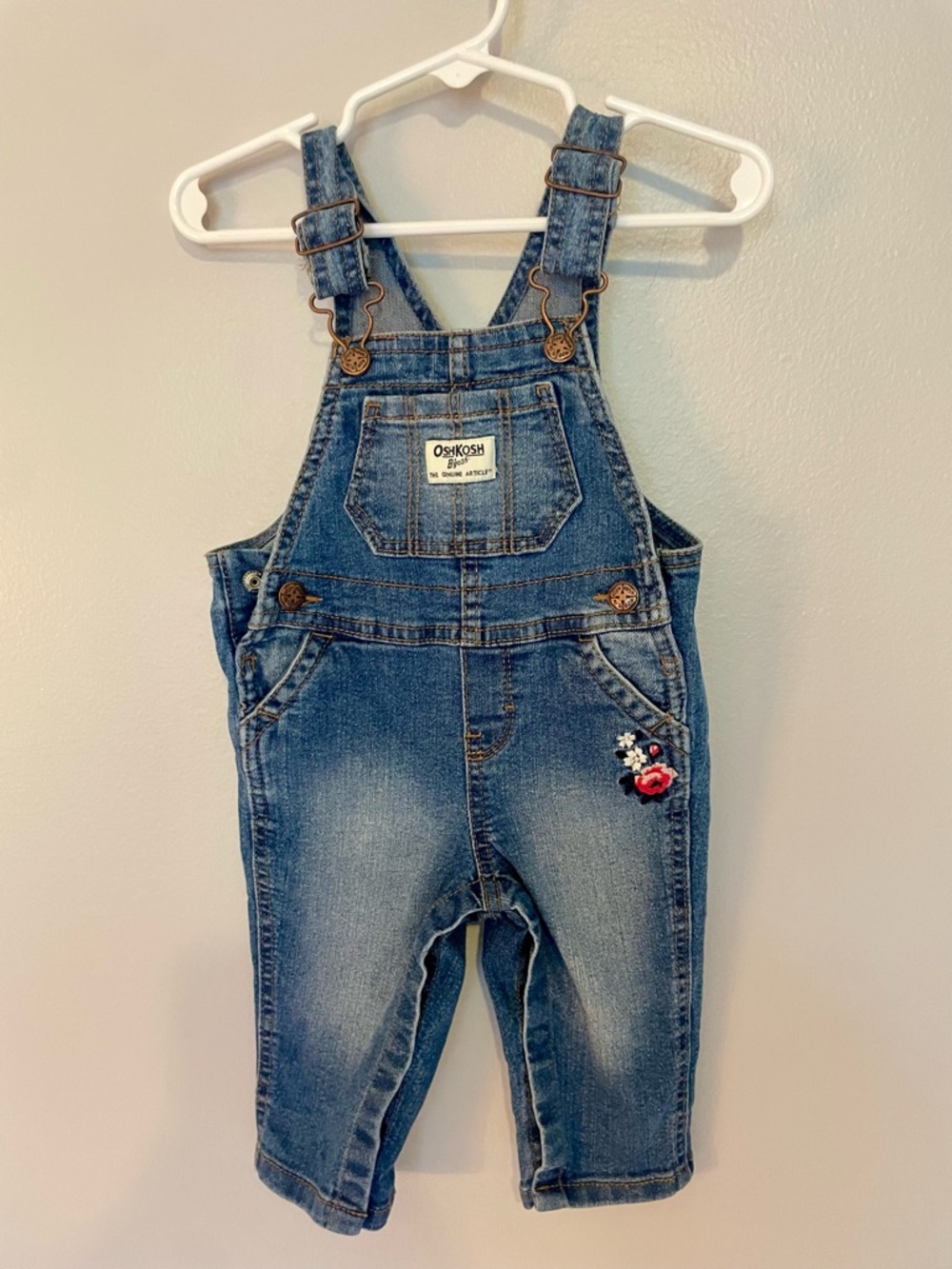 OshKosh B’gosh Denim Overalls w/ Floral Embroidery Detail, 9M (EUC)